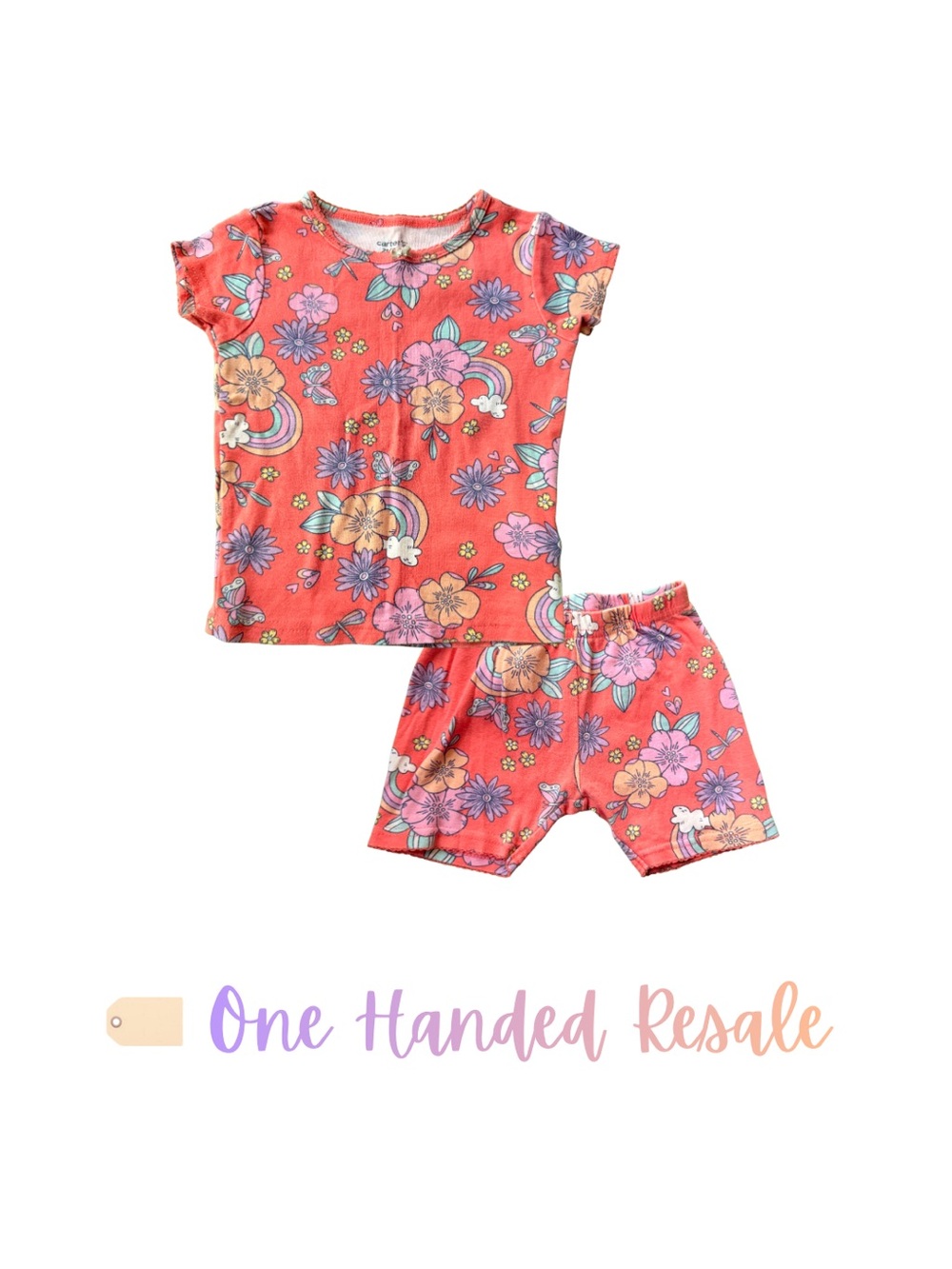 🌸 Carter’s Coral Floral Pajama Set Salmon Short Sleeve Top Shorts Bottom 2T